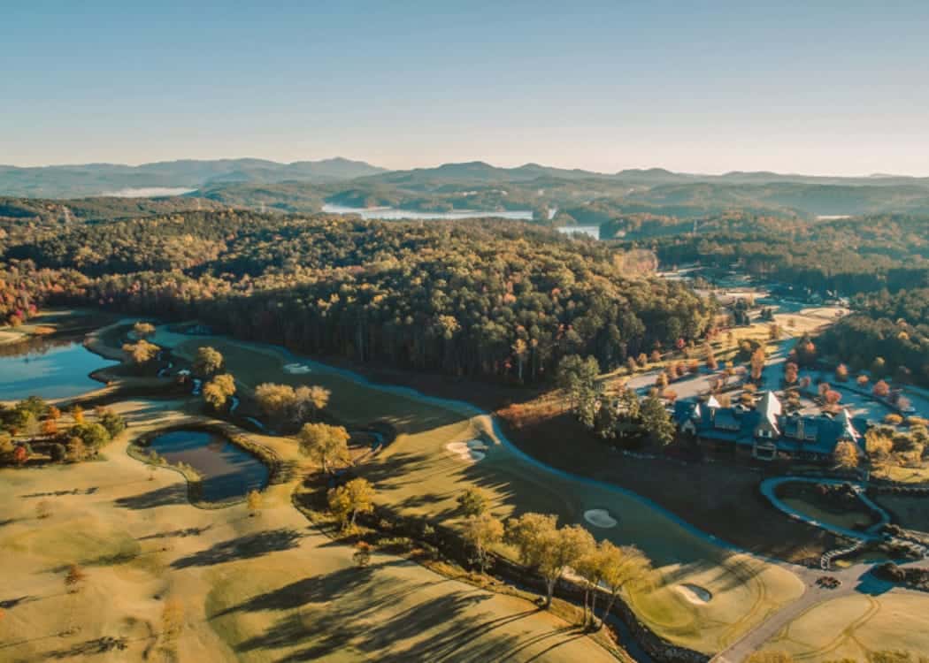 Aerial of the cliffs at keowee falls greenery