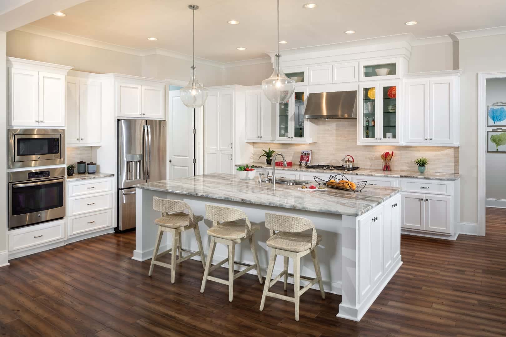 kitchen island with marble counters