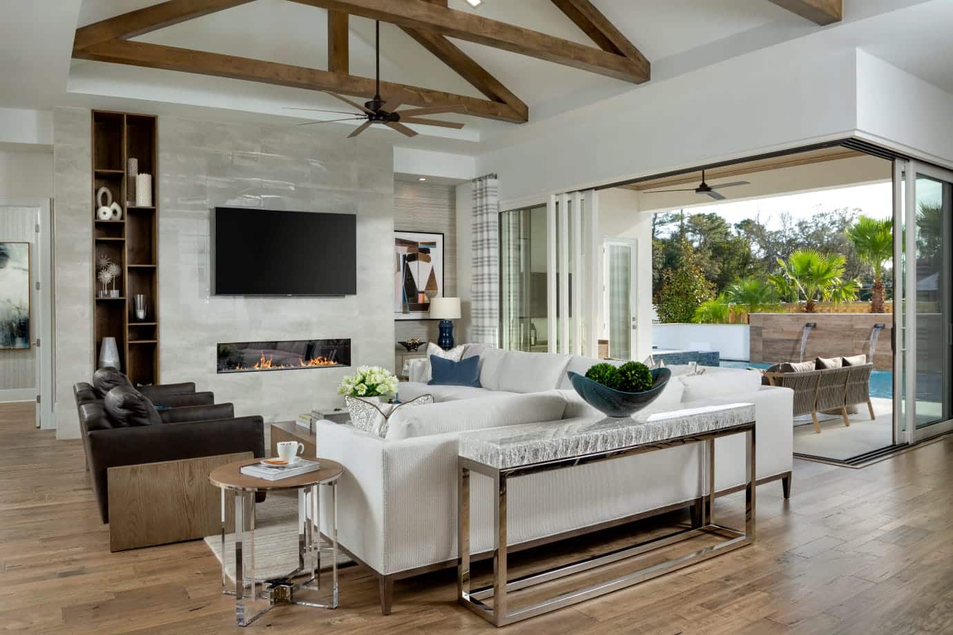 great room with wooden beams