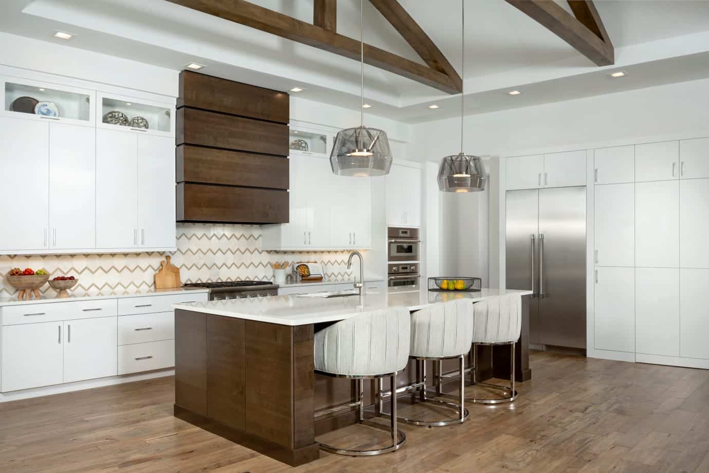 wooden kitchen island with three chars