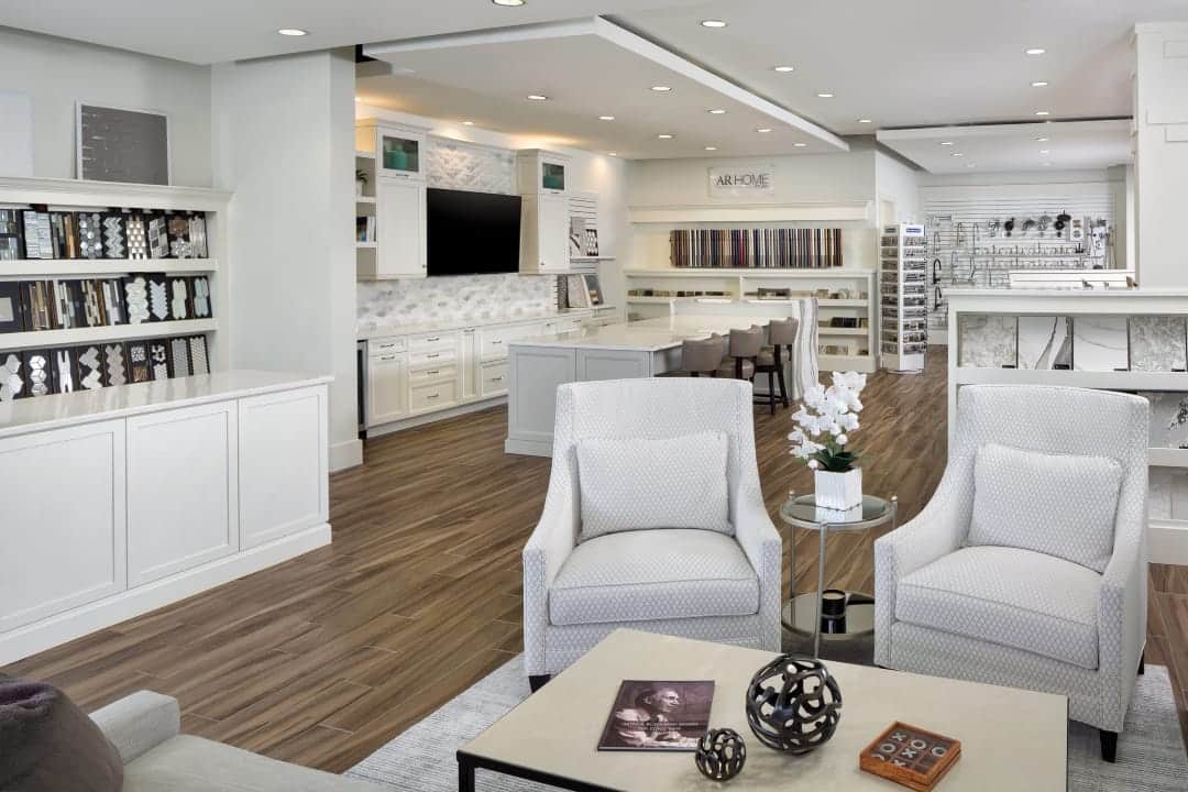 Tampa design studio with fabric swatches and seating area