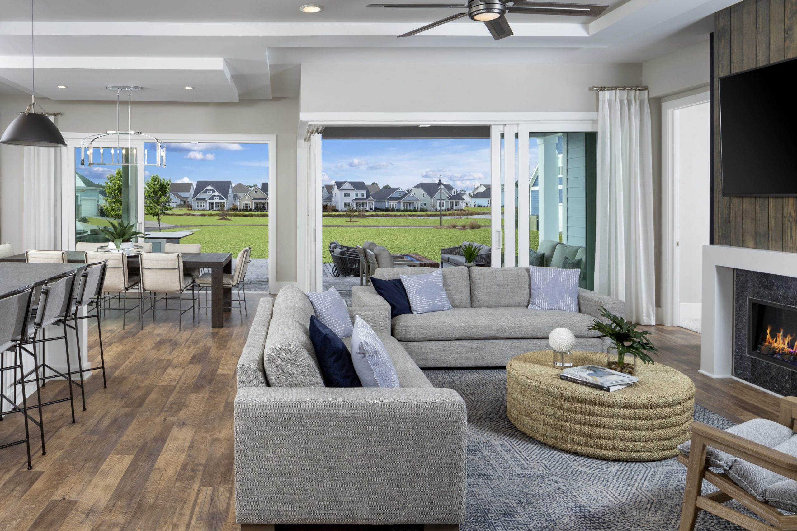 side view of great room couch by fireplace