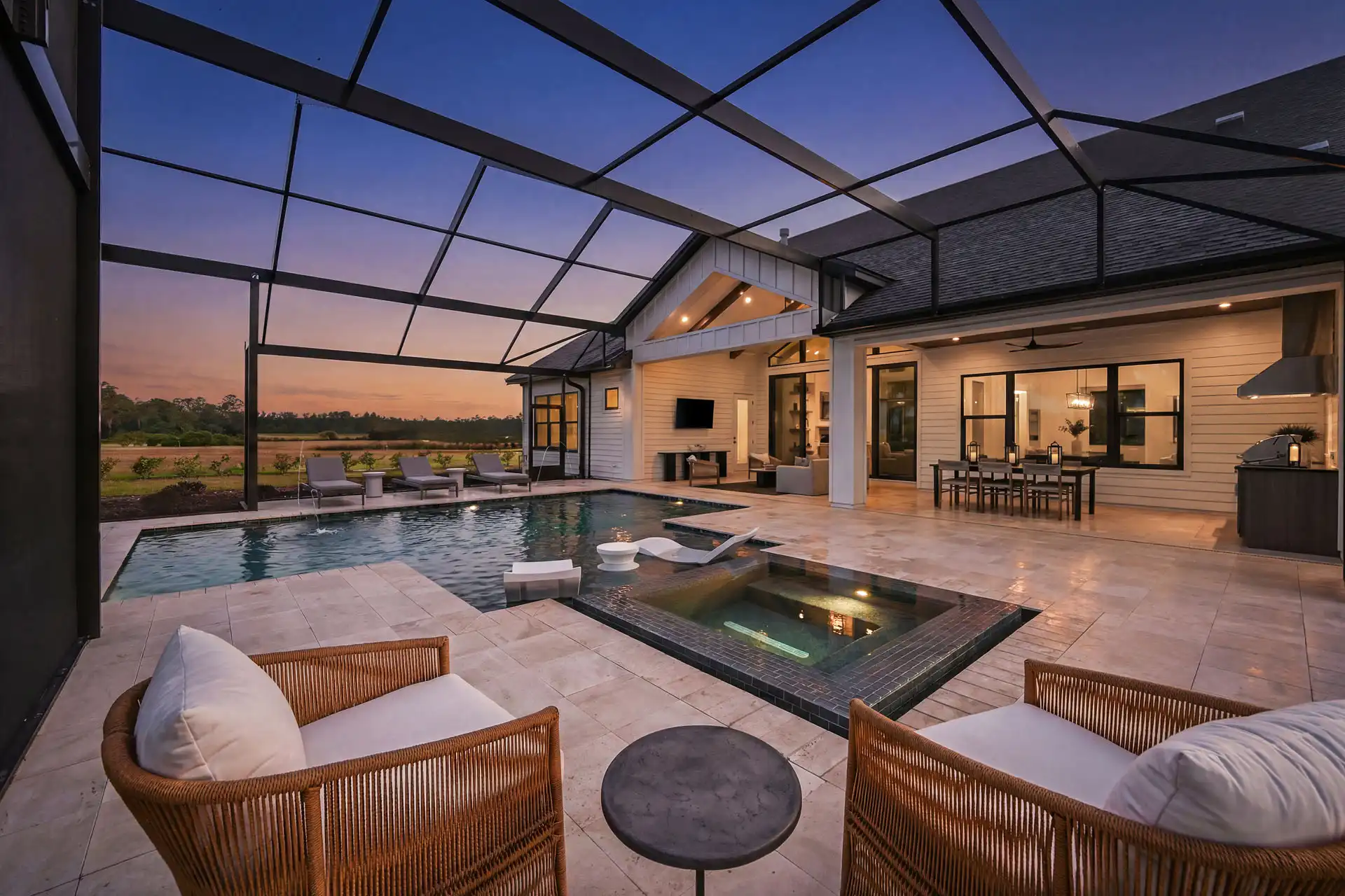 Custom Sienna Model at Flint Rock - Pool, Spa at Dusk